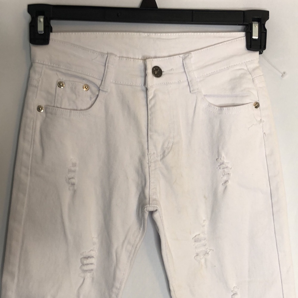 Fredd Marshall Women’s White Cotton Blend 5 Pocket Distressed Zipper Jean Size 7 - Picture 3 of 10